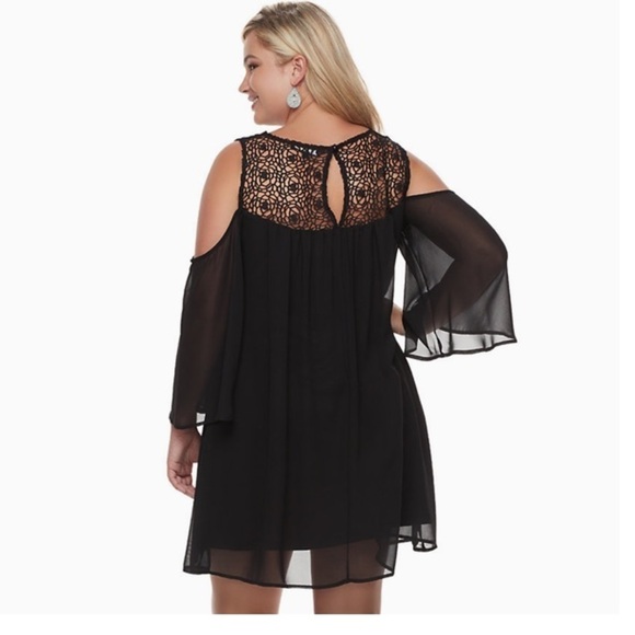 NWT Black Want and Need Crocheted Flowy Yoke Cold-Shoulder Mini Dress Size xs - Picture 2 of 4